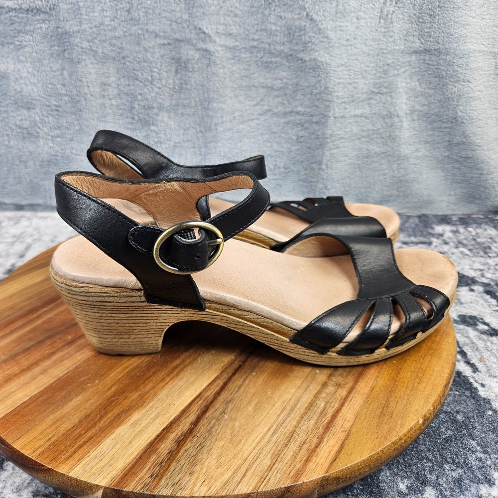 Dansko Marlow Wedge Sandals Womens 40 Black Leather Ankle Strap Slingback Casual